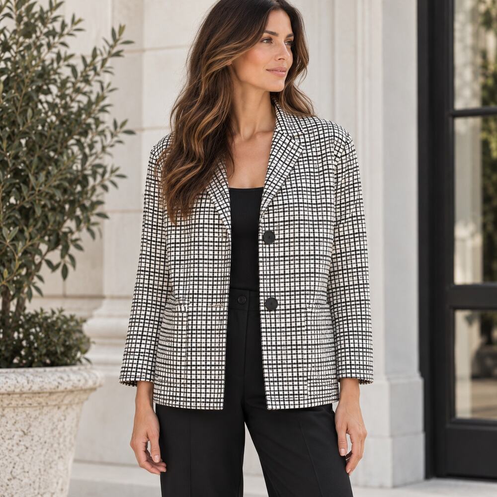 Lafayette 148 New York Jacket Womens M Black White Check Blazer Quiet Luxury